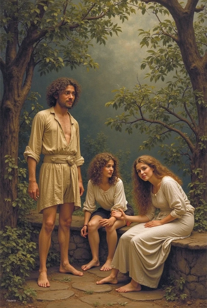 In the Garden of Eden Adam and Eve hiding behind a tree in fear of God