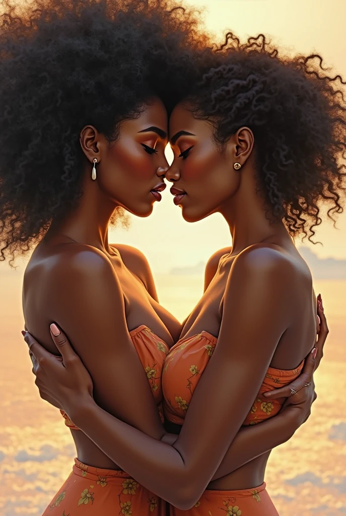 interracial lesbians, white skinned woman in black skinned woman's embrace, kiss, both naked, closed eyes, their lips and bodies are wet, the white skinned woman's hair is Sleek Middle Part Hair look, reduce illumination from top, add illumination from a 360 view from horizon, sexual pose, realistic style, first sex fanart, realism artstyle, realistic artstyle, hyperrealistic teen, high quality fanart, artwork, 8k, realistic art style, passionate sexy pose, detailed realistic expressions, realistic picture, lesbian experience, making love, the woman off center is bound big bone african american woman with short afro hairstyle, black skinned woman's hands are hanging on either side of white skin girl's shoulders, faint kiss marks with faint lipstick and faint mascara color rub-off smeared on one another's skin (black on white and vice versa),