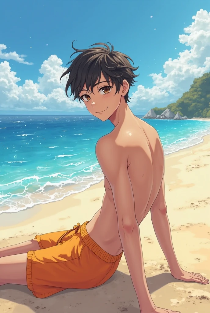 a young man with pale skin, freckles, brown hair, blue eyes, skinny, cute smile, wearing a small speedo with large bulge, shirtless, at the beach, in the style of my hero academia, highly detailed, anime, boys love.