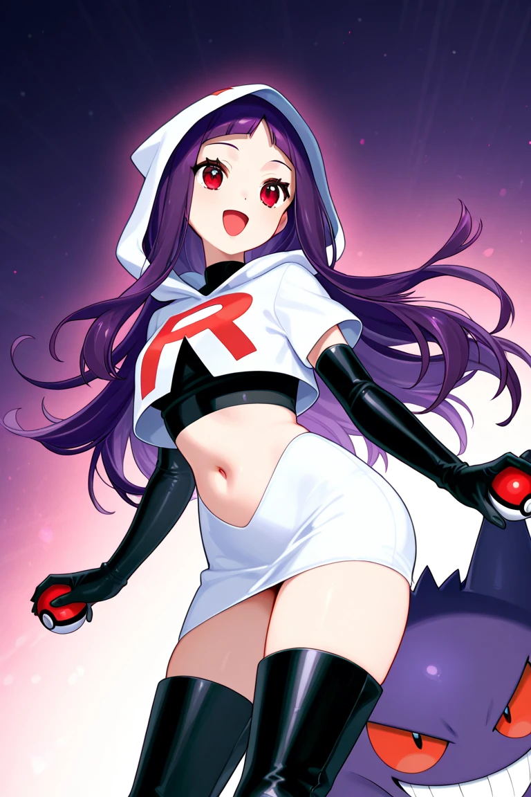 ((extreme detail)),(ultra-detailed),(painting), chiaroscuro, extremely detailed CG unity 8k wallpaper, best quality, anarchy stocking, hair bow, black adjusting hair, simple background, team rocket,team rocket uniform,white skirt,red letter R,crop top,black thigh-highs,black elbow gloves
