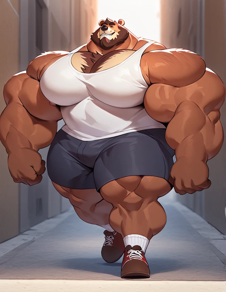 ((Masterpiece, Highest quality)). Full body, Daddy, muscular man, bodybuilder, detailed face, big beard, angry. Connected harness, leather gloves, sunglasses, flexing biceps, big bulge.