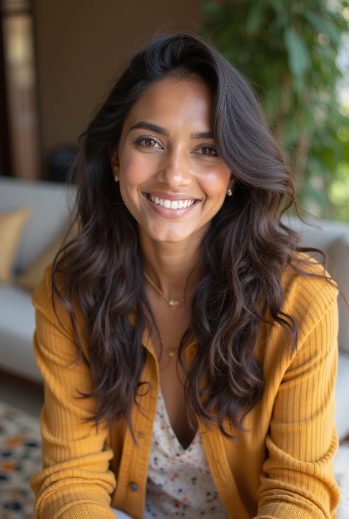 There is a young, Beautiful indian woman, who looks to the future like Katrina Kaif. Smiles into the camera, beautiful teeth. She stands there and looks into the camera, a portrait from raw photo, Modern clothing, 
