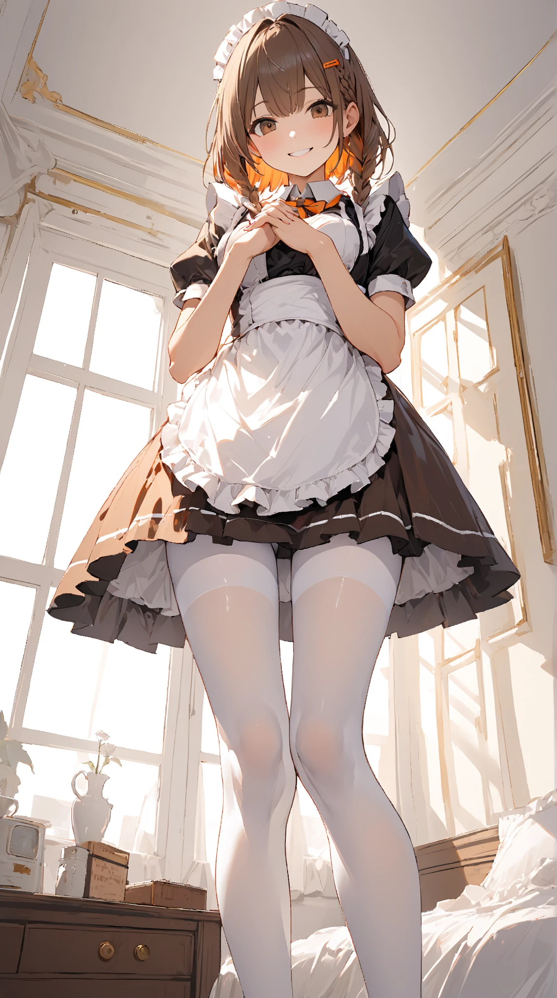 10 year old girl underwear, Kind Face, Realistic bloomers made from patterned cotton fabric, Medieval one-piece dress with panniers, corset,Fabric Realism, Low - Angle, You can see the drawer, Pull up the dress by hand, Semi-transparent bloomers, Strong winds, Translucent slip, Translucent slip, tights, Highest quality, Crotch close-up, whole body