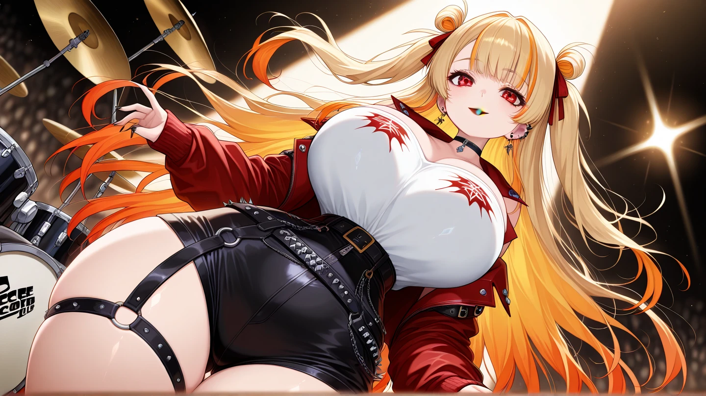 (full_body)、Woman、red_background、(big_breasts:1.5)、Detailed、POP、vivid、pose:1.2、mini_skirt、Open chest