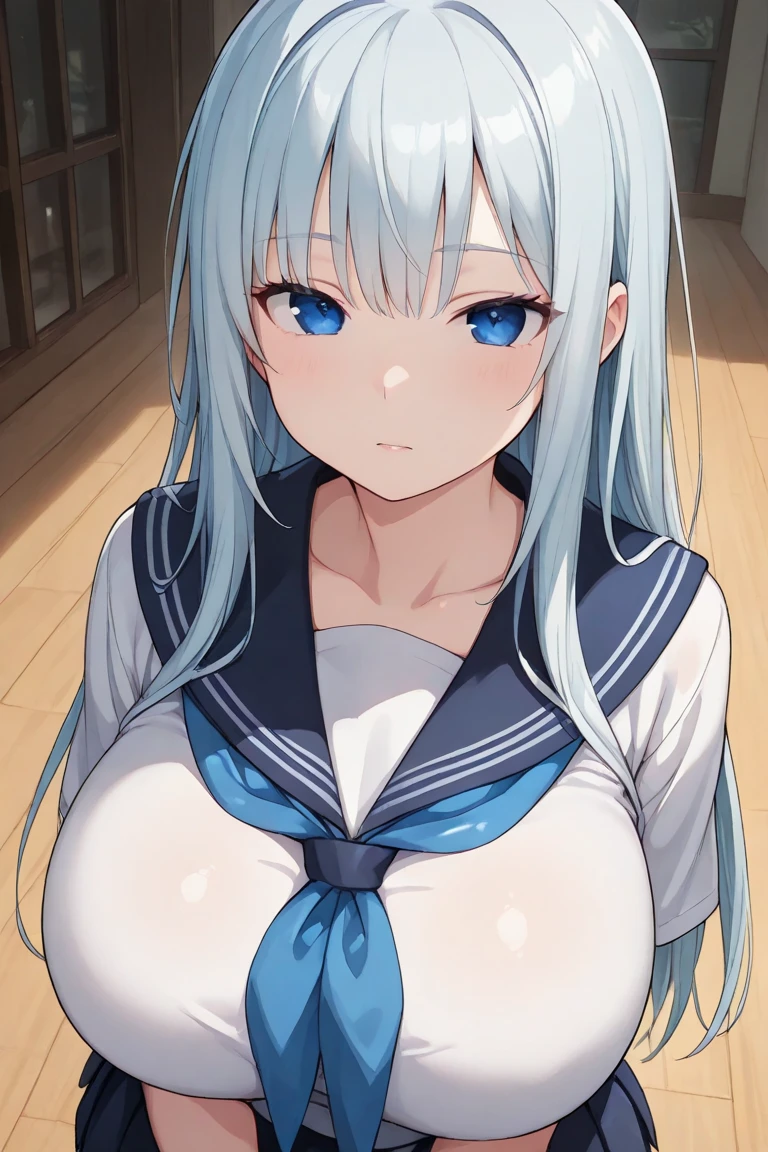 score_9, score_8_up, score_7_up, source_anime, mikuizayoi, miku izayoi, bangs, blunt bangs, hime cut, hair ornament, long hair, blue eyes, blue hair, unbuttoned, serafuku, sailor collar, white sailor collar, white neckerchief, blue shirt unbuttoned, short sleeves, blue skirt,itting,legs open, looking at viewer, cowboy shot, dutch angle,showing naked breasts, showing naked breasts ,naked breasts nipples,semi naked,short height,large breasts(cowboy photo: 1.5)
