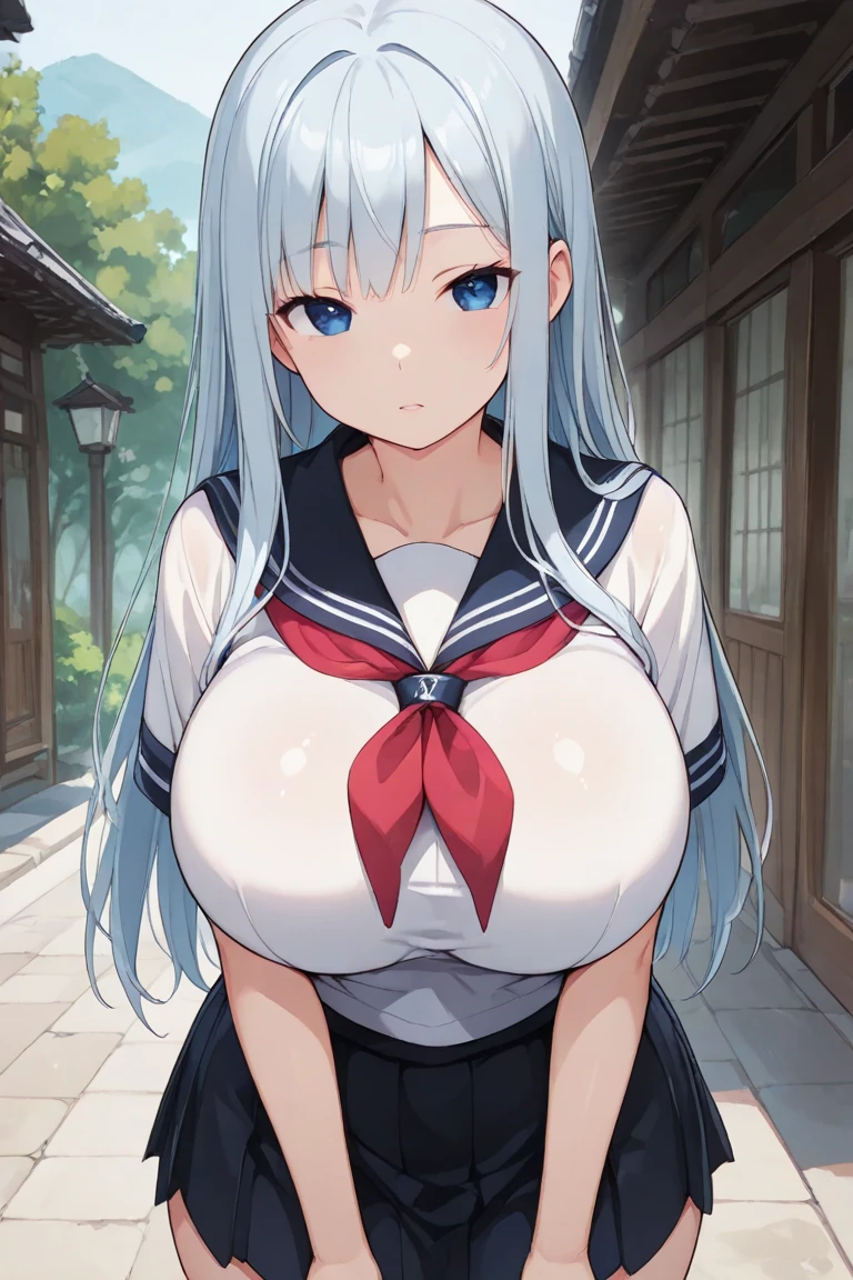(((masterpiece))), ShizukaMikazuki, One Girl, alone, View your viewers, Long Hair, Gray Hair, Long sleeve, Cleavage, Large Breasts, Mature Body,clavicle,, blue eyes, High Ponytail, The look of temptation,Embarrassed face, Japanese high school student’s uniform, , Blouse with a collar,Navy blue mini skirt, Navy blue head ribbon, Smiling shyly,Gymnasium at dusk, Transparent nipples