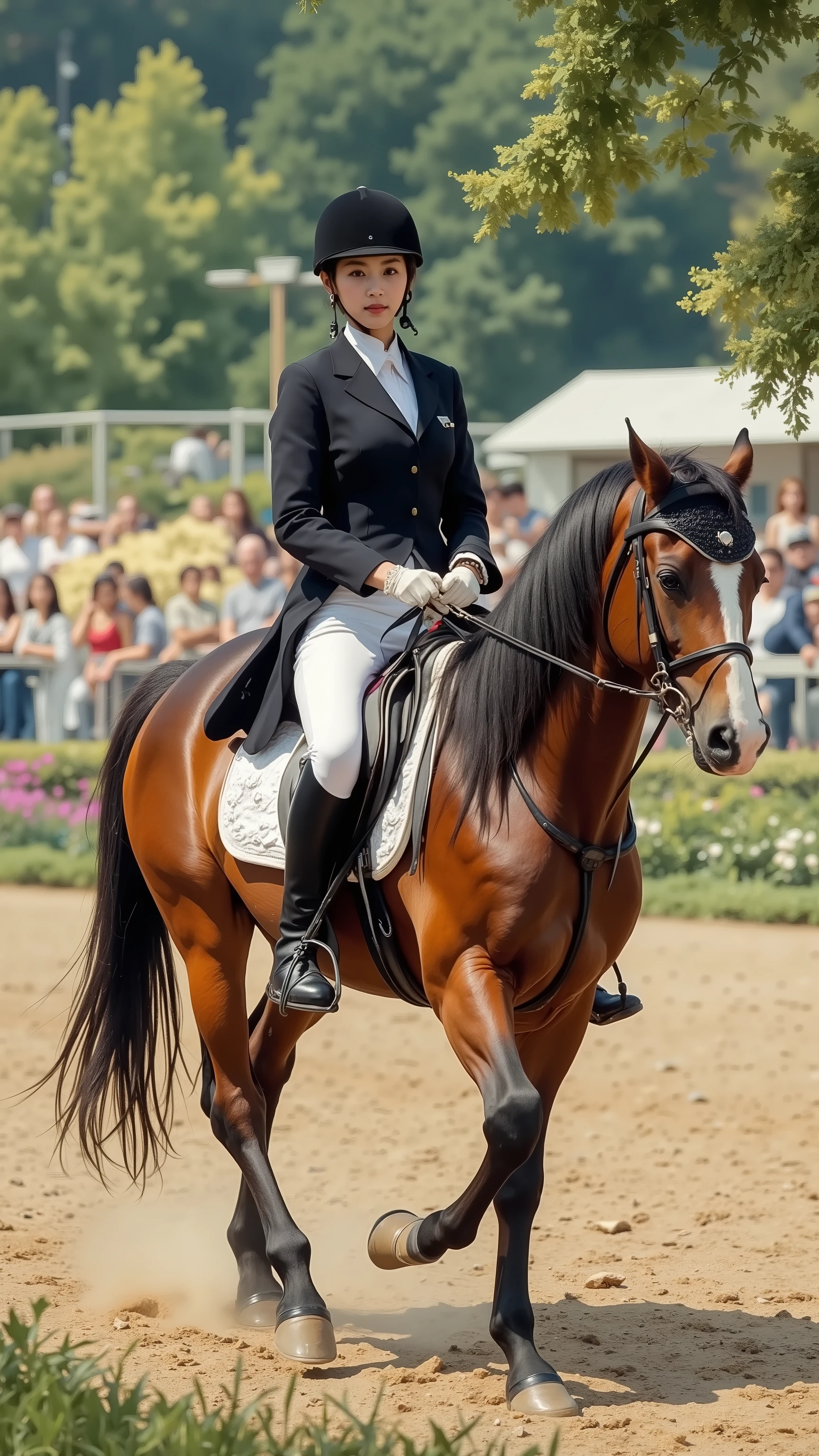 (8k, top quality, Masterpiece),{ is present, RAW Photo , super fine clear , portrait, ( It is influenced by Impressionist painting:1.6)}, Equestrian Games , hourse riding, Female Japanese Jockey, black tailcoat , no helmet, white culottes , leather boots。