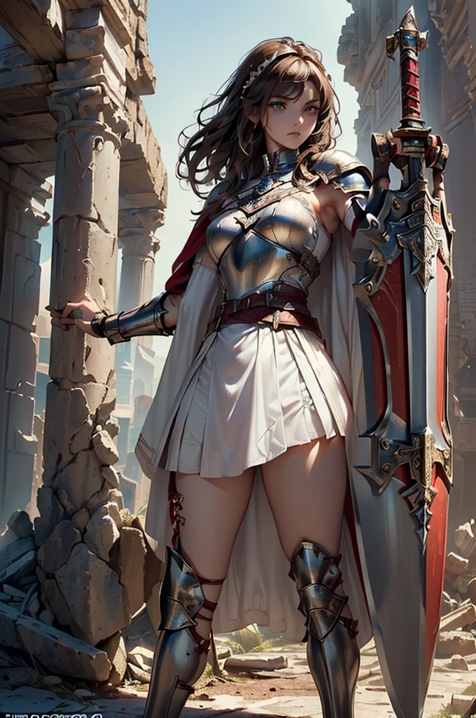 Very beautiful woman、Slender women、(Detailed face)、Realistic Skin、((Holy Knight)), ((Platinum Armor))、((((Extremely detailed and intricately decorated armor:1.1))))、((Delicate photo)),(Girl Astepeace RAW Photo Details:1.25), (Highest quality:1.6), (Ultra-high resolution:1.5), (Realistic:1.75), 8K resolution, Canon EOS R5, 50mm, Absurd, Very detailed,Cinema Lighting,((Fightfield))、((Fight))、(((White Embellished Micro Skirt)))、Polka dot ,High leg pantiesigh-high socks、Shingard、((Light brown hair))、((Curly Hair))、{{floating hair}},Long Hair, Cape、Beautiful Armor、(((Has a huge weapon)))、(In combat)、The wind is blowing、((Symmetrical armor))、((((Blizzard))))、(((Lead a large group of knights:1.2)))、banner、(((Battle Scenes)))、((Browsing Caution:1.2))、(((I can see her panties:1.4)))rt lift flin the wind:1.4))