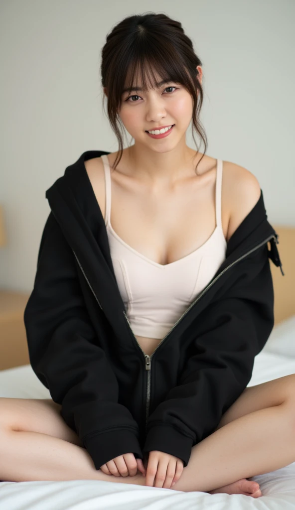 Slender Beautiful Girl、21years old、Sitting on the bed、open one's legs、a miniskirt、Sportsbra、tiny chest、smil、bobhair、full bodyesbian、Large Hoodie、Realistic light、realistic shadow、