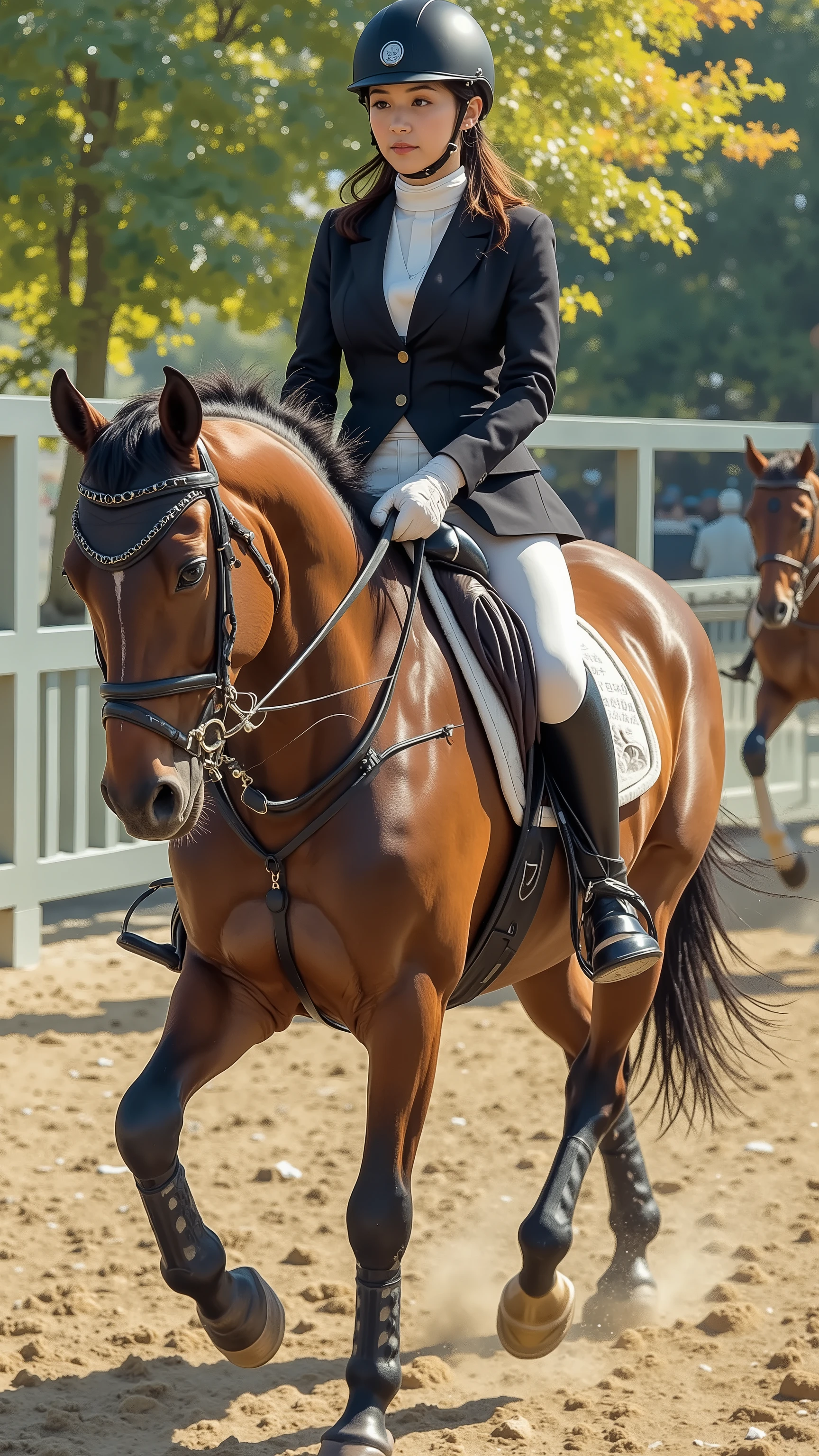 (8k, top quality, Masterpiece),{ is present, RAW Photo , super fine clear , portrait, ( It is influenced by Impressionist painting:1.6)}, Equestrian show jumping Games , hourse riding, Female Japanese Jockey, black tailcoat , no helmet, white culottes , leather boots。