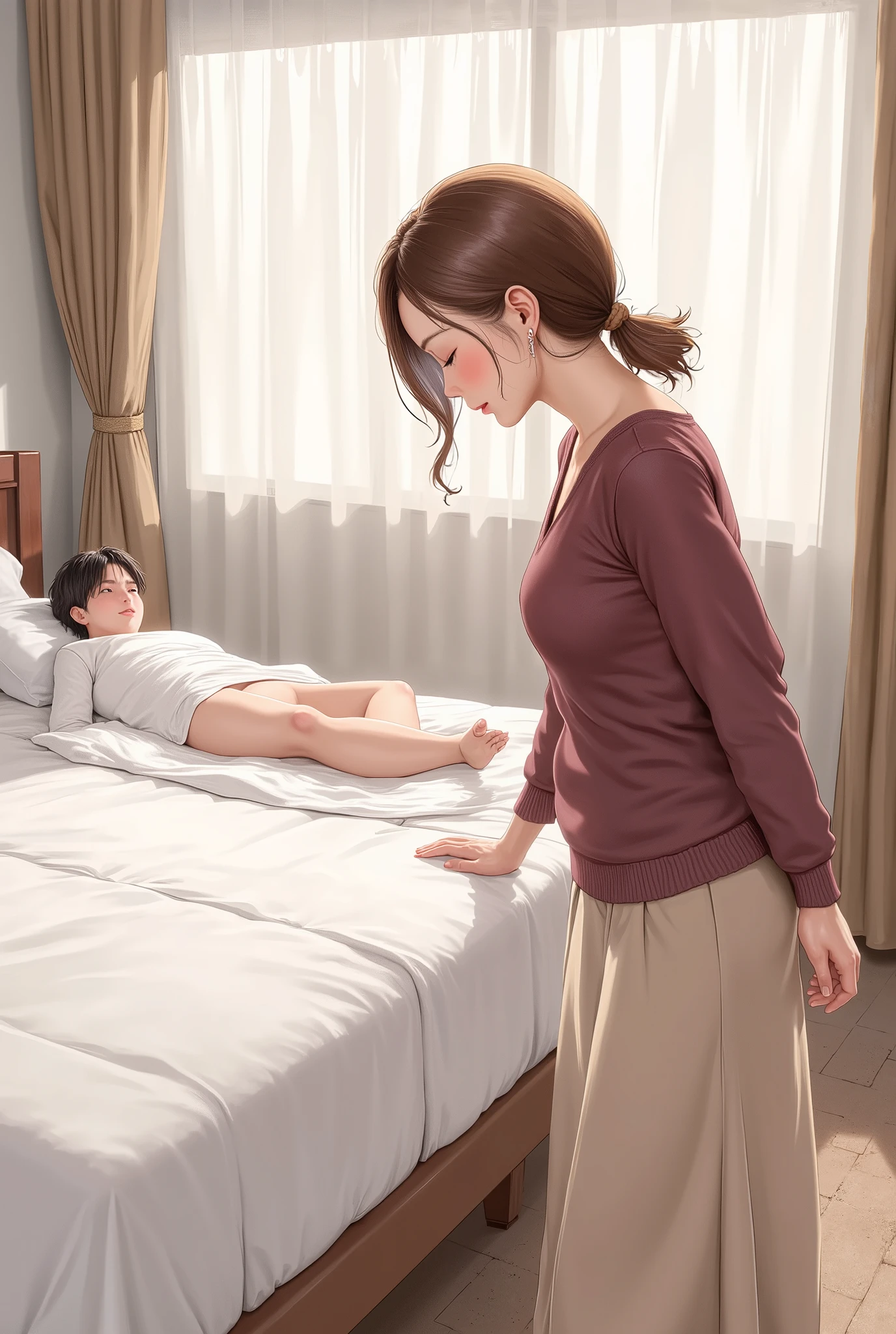 Anime style inspired by Oda Non.
A calm, mature Japanese woman in her 50s is standing on the other side of the bed. She is looking across the bed so that the bed is completely between her and the camera. She is leaning forward slightly in a calm pose, as if leaning against the side of the bed to check on someone or to call out softly. A young man is lying on the bed, only his body from chest to knees is in the frame. His face is hidden outside the frame, completely obscured. sThe young man's crotch is bulging with a morning erection, and the woman is blushing and staring shyly at it. Her chestnut brown hair is neatly tied back and gathered at the nape of her neck in a simple, elegant style. The woman is wearing a modest wine-colored v-neck knit sweater and a long beige flared skirt. The morning light softly shines into the room, accentuating the textures and casting subtle shadows. The atmosphere is quiet and intimate, capturing a peaceful family morning. The painting is rendered in an animated style inspired by Oda Non, with soft tones, natural room lighting, realistic depth of field, and a high attention to detail in materials and emotions.