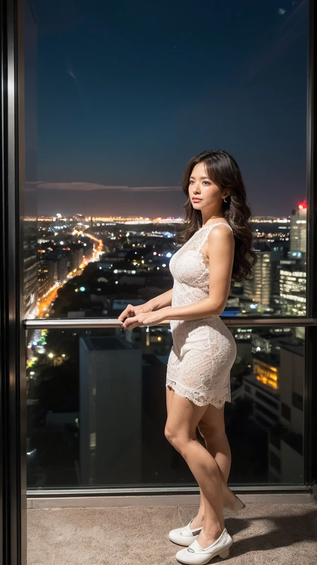 (((masterpiece))), (((Highest quality: 1.4))), ((Super detailed: 1.4)) ,
Looking out at the night view of Tech Town on San Francisco Bay from the window of a high-rise apartment building, wearing a see-through nightgown、On the bed、Beautiful mature woman、(Full Body Shot:1.2),