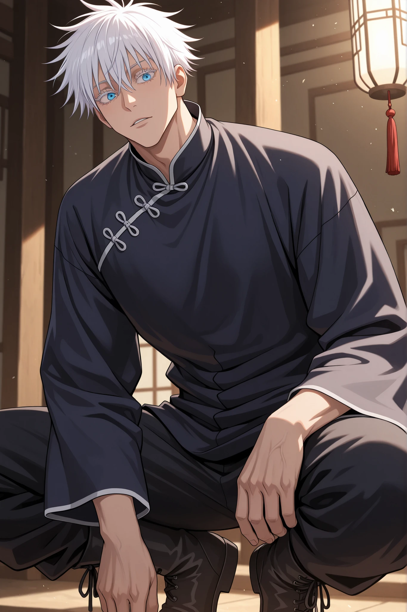 (masterpiece:1.2), (best quality:1.2), (very aesthetic:1.2), ,(newest),(highly detailed),(dynamic lighting),(cinematic lighting),1man, adult, male focus, gojou satoru, jujutsu kaisen, white hair, short hair, ((hair between eyes)), colored eyelashes, white eyelashes, blue eyes, intricate eye iris, detailed eyes, muscular male, sexy man, handsome man, handsome face, ,solo, shirt, long sleeves, boots, wide sleeves, black pants, chinese clothes, tassel