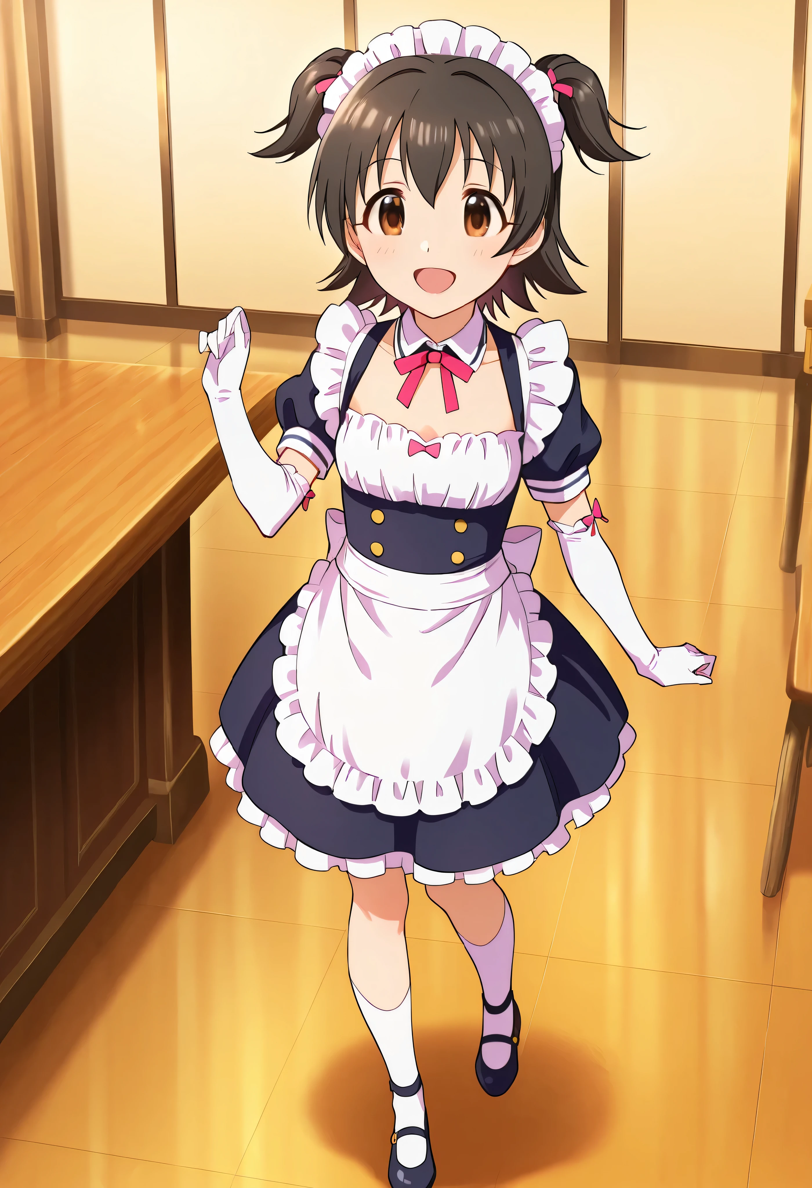 (score_9:0.9),score_8_up,score_7_up,negative_hand, realistic,Akagi_Miria_Cinderella, short hair, black hair, brown eyes, two side up, hair between eyes , lovely small breasts , maid dress, over elbow glove, 1girl, solo, full body, whole body view, open mouth, indoors, maid cafe, maid cafe background, maid cafe interior, cafe's table, high hells, anime source, anime screencap, base on anime,