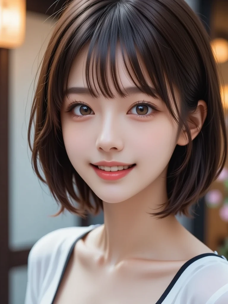 (UHD, retina, masterpiece, accurate, anatomically_correct, textured_skin, super_detail, high_details, high_quality, best_quality, high_res, 1080P, HD, 4K, 8k, 16k), (beautiful_detailed_eyes, beautiful_detailed_lips, extremely_detailed_eyes_and_face), (soft_lighting:1.5), physically-based_rendering, vivid_colors, (large_breasts:1.5), (shiny_hair, shiny_skin, tanned_skin, blush), (bangs:1.5), eye_reflection, (bokeh), (smile_and_laugh, bob_cut, hairband, blouse:1.5), (two-tone_color, gold_&_black),