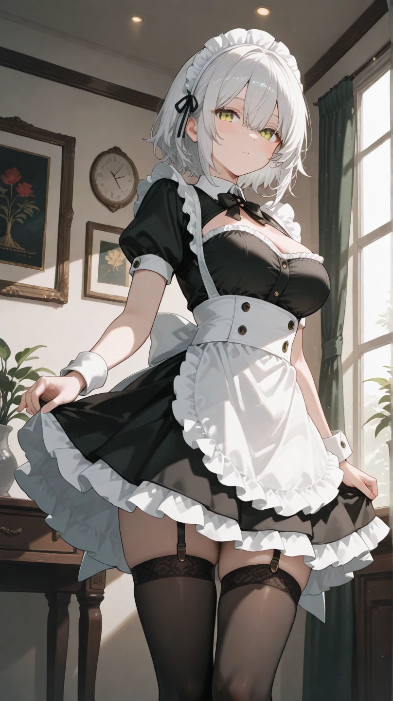 ((((masterpiece, best quality, high resolution)))), 1girl, white hair, purple eyes, short wavy hair, average breasts, blush, light smile, parted lips, glow, thighs, bare shoulders, collarbone, narrow waist, cleavage, (beautiful detailed face, beautiful detailed eyes), long slender thighs, perfect eyes, (maid outfit, maid apron, maid headband), (sunbeam, sunlight, rose, wind, cafe), nsfw,sciamano240