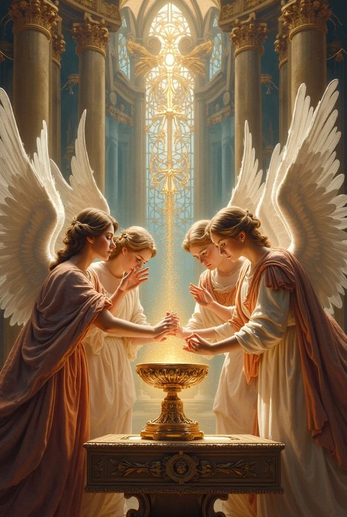 Chalice and host guarded by two angels. The model has to be to place it on a birdcage of a tablecloth