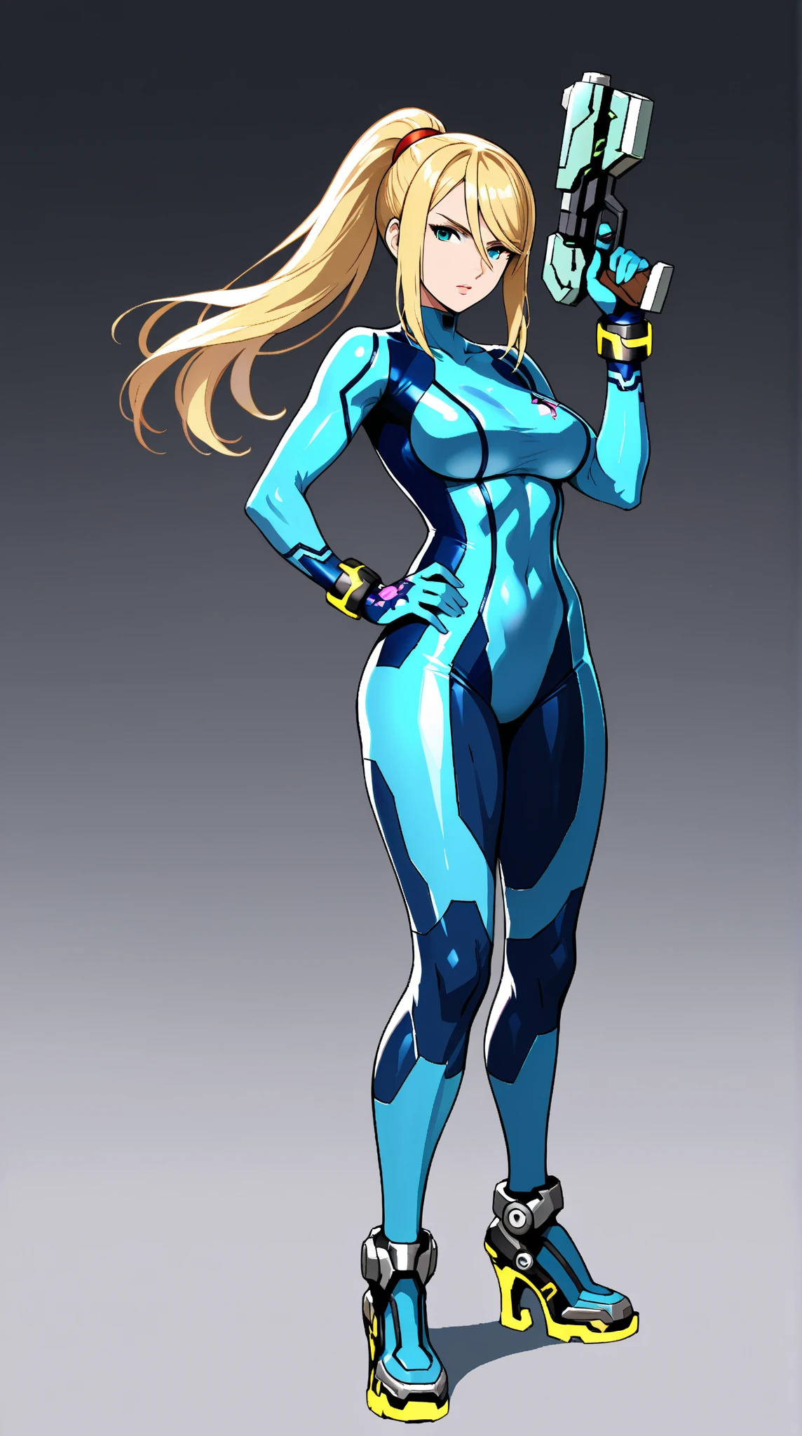 (Muscular:1.7),
blonde female, (samus), blunt bangs, ponytail,
lipstick, eyeshadow,
(small breasts),
(full body suit, blue bodysuit:1.6),
looking at viewer, (three quarter view:1.5), (upper body view:2),
rim lighting, two tone lighting, dim lighting, bokeh, detailed skin, detailed eyes