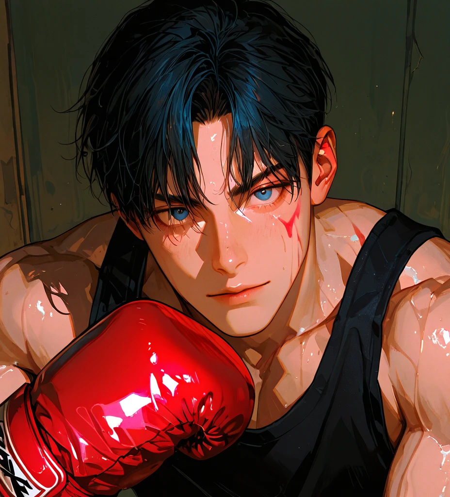 tmasterpiece,Best quality at best,offcial art,8k wallpaper,The is very detailed,illustratio, resting after a hard fight, Anime boy with boxing gloves,Muscular!!