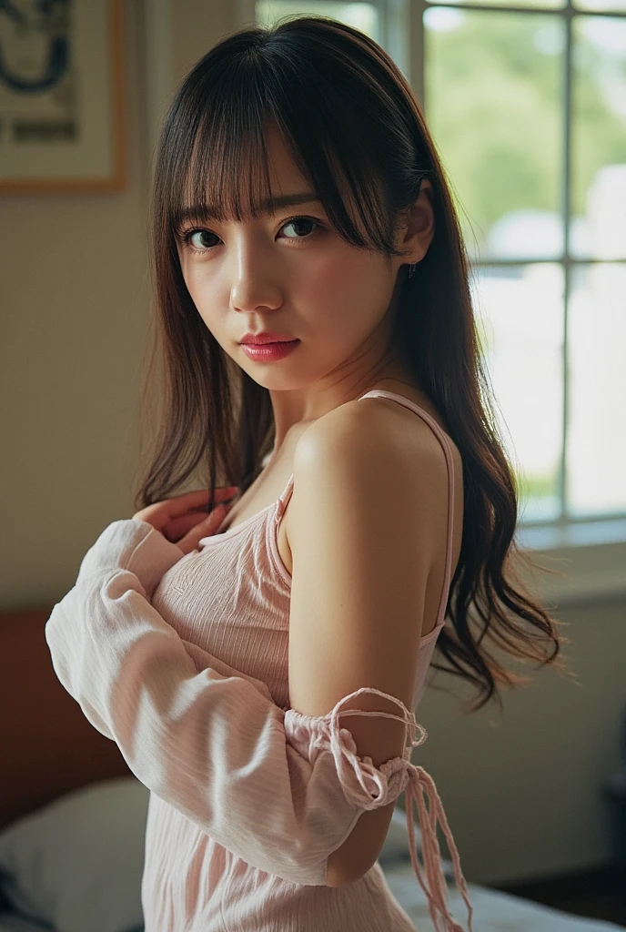 highest quality, Face Focus, Soft Light, Ultra-high resolution, (Realistic:1.4), RAW Photos,
1 Japanese girl, alone, cute, (pupil, Light in your eyes), Beautiful face in every detail, (Small box),(High resolution detail of human skin texture),
(Long Hair),
indoor,
Damask Shirt Dress,Upper body from the waist up
(Portraiture)