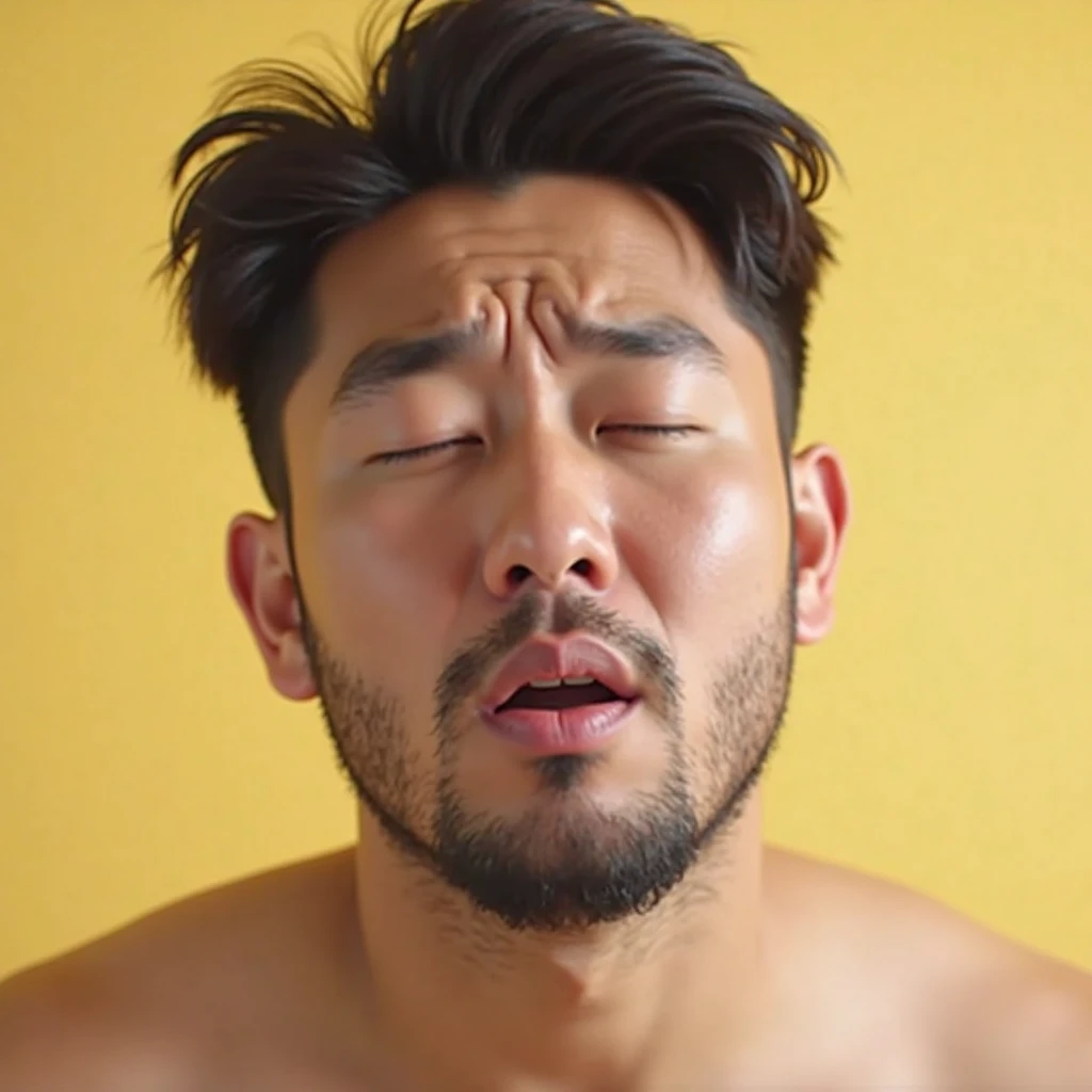close up of a face of a 38 years old Japanese former rugby player man with short beard and short hair in orgasm closed eyes, open mouth stocky chubby thick. huge load of white goo of cum on the face