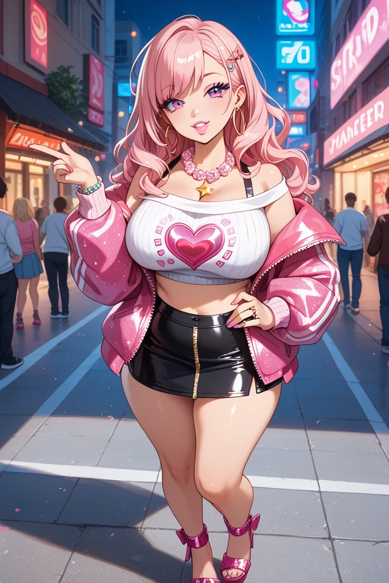 ((exceptional quality)), ((masterpiece)), (detailed), perfect face, perfect eyes, expressive eyes, long white curly hair, white cat ears, gigantic breasts, thick thighs, bright and vibrant red eyes, lips parted slightly, off the shoulder crop top with heart design on fabric, pink skirt, designer shopping bag in hand, in a shopping mall