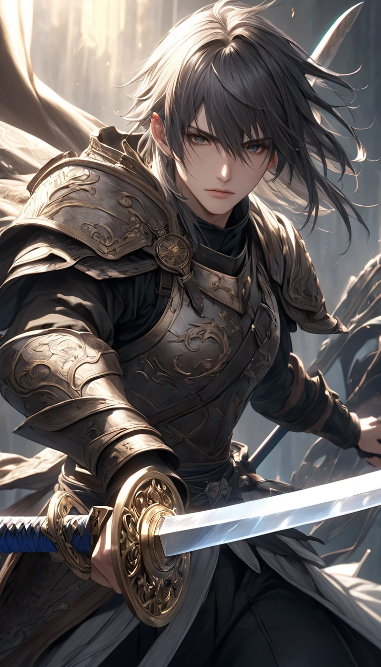 (a teenager male knight in cracked sliver armor), handsome, ((he raise a sword with wind blowing)), a giant gate of castle behind him, light from the sky, lots of swords point at the knight, silver hair, black hair, gradient hair, chiaroscuro, cinematic lighting, god rays, ray tracing, reflection light, ((close-up)), masterpiece, best quality, high quality, high details, highest, accurate, anatomically correct, textured skin, UHD, 1080P