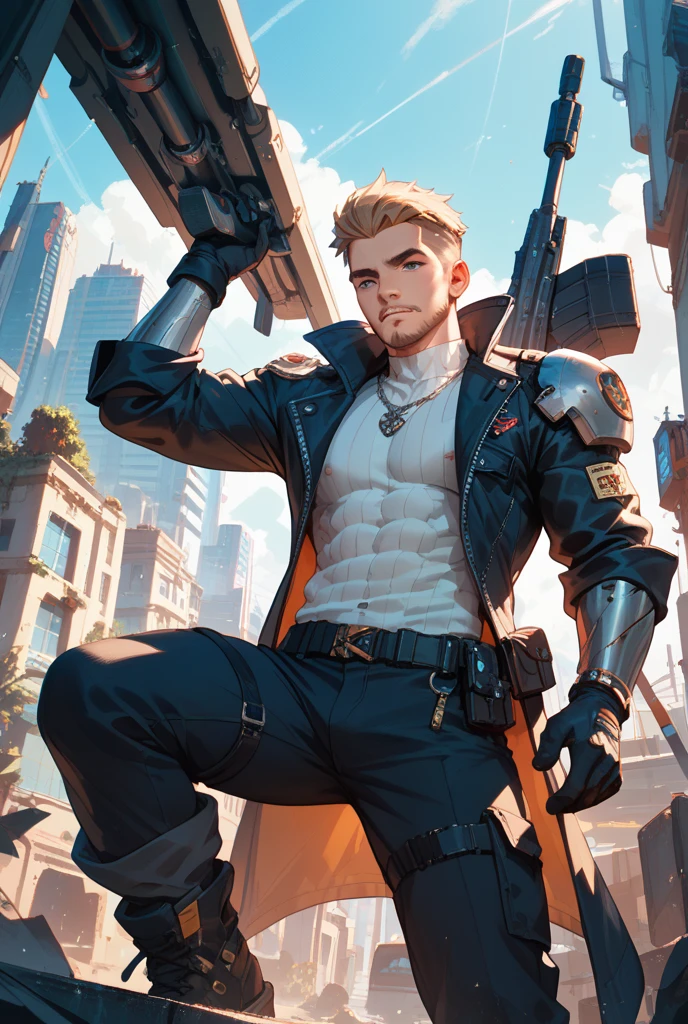Raw foto,Dark_Fantasy, post-apocalyptic, mad max world, (Big Revolver, Red: 1.1), 1man, Mechanical Wonder, Robotic Presence, Cybernetic Guardian, white hair