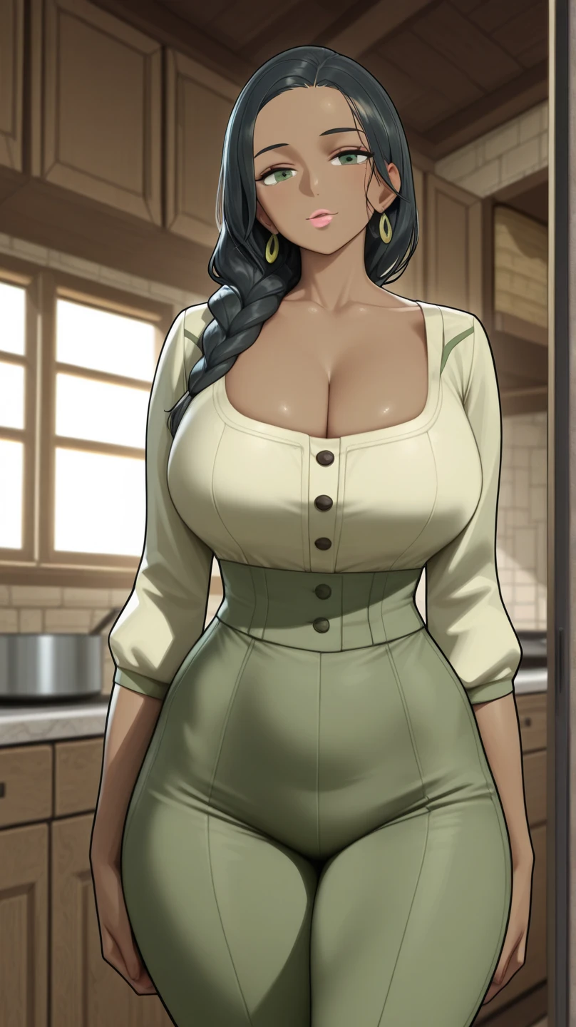 huge breasts huge muscles muscular girl black hair yellow eyes pale skin cocky smug confident expression silk black dress