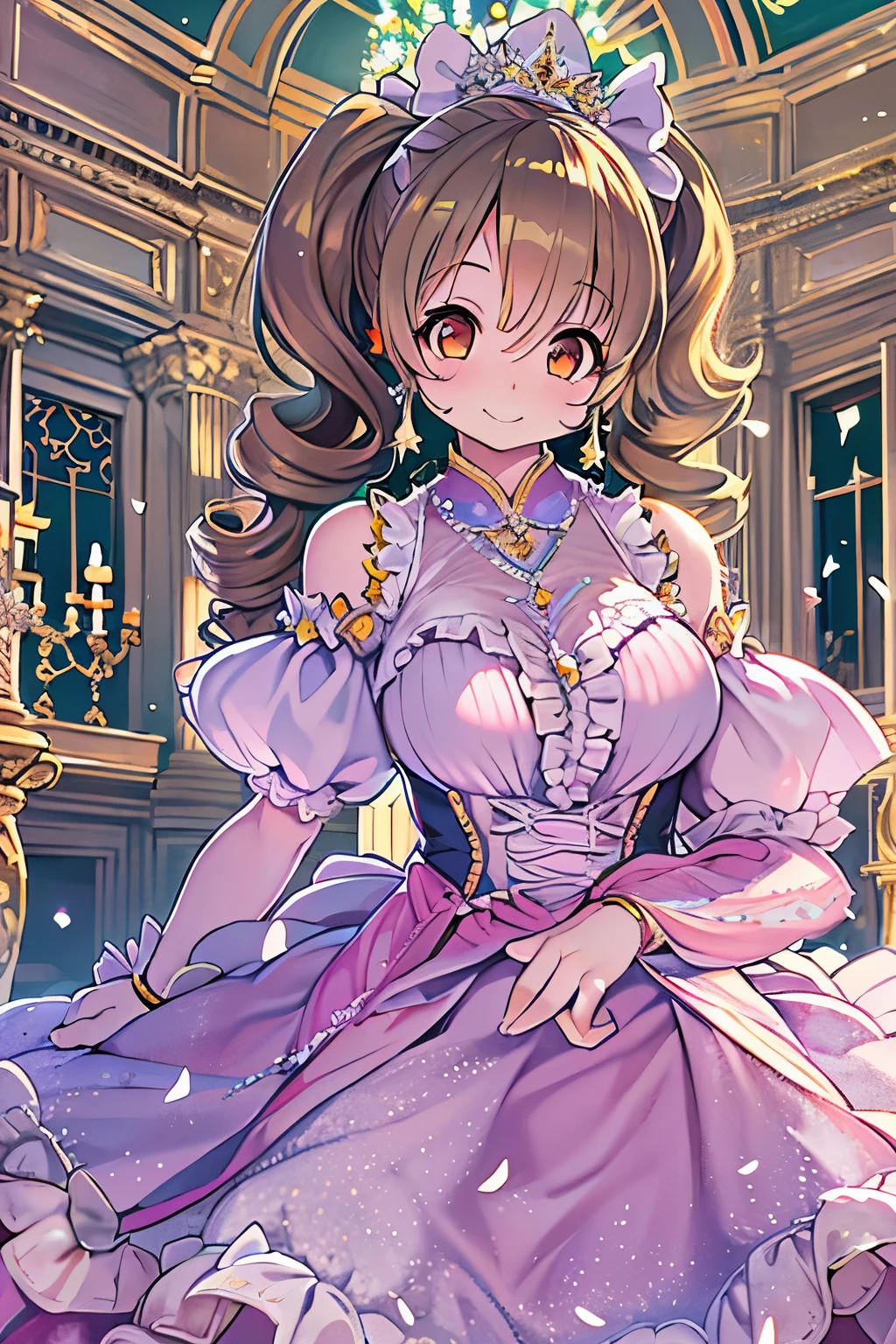 (masterpiece), best quality, expressive eyes, perfect face,(fox girl, Fox ears, fox tail),((light brown hair)),(glowing yellow pupils),(huge breasts:1.4),cleavage,(princess:1.2),(pink and light blue floral deep V dress with a rose corsage:1.5),high heels,crystal pendant,circlet,earrings,armlets,bracelets,bashful smile,standing,sexy pose,golden castle,(night:1.1),(starry sky 1:1)