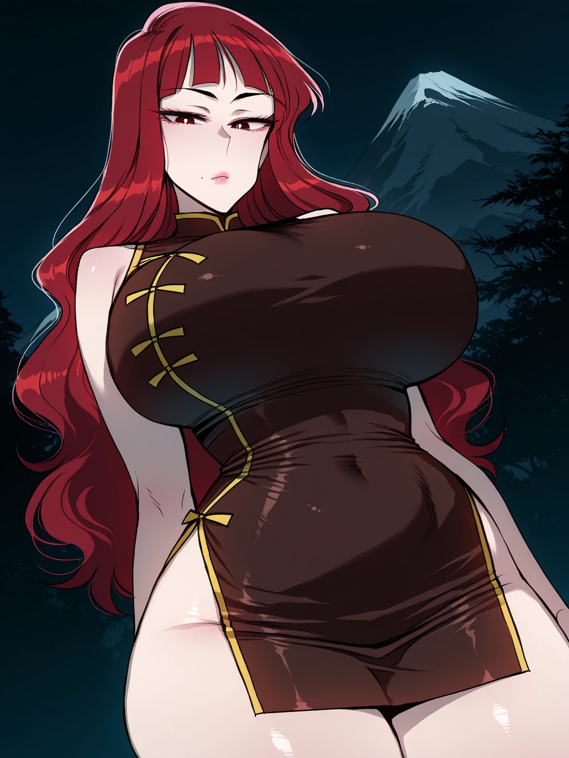 (masterpiece, best quality, perfect face, (beautiful and aesthetic:1.2), extremely detailed, highest detailed face), ((beautiful scarlet kitsune, tall, more tempting than a succubus, (red long flowing hair), redhead, (vivid red wavy hair:1.4), (red fox ears:1.2), (golden yellow eyes:1.4), (flawless skin:1.2), fake breasts, (narrow waist), huge fat ass, long thick yet slender legs), have massive fluffy tails), (slender body:1.2), ((fishnet panythouse:1.4), red dress similar to a kimono), figure is similar to an hourglass being both top and bottom-heavy, ((dark fantasy background)), sexy pin-up pose, looking at viewer, full shot, solo, (elegant, intricate, detailed digital anime art, high quality, 4k, extremely detailed, sharp, CG, 2D, dramatic light, HDR),
