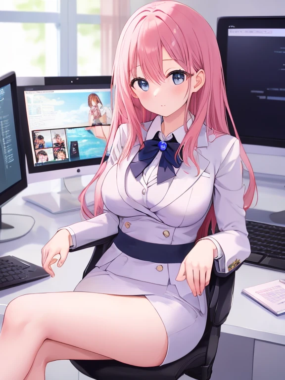 Lara Deviluke, Lara Deviluke, Long Hair, Pink Hair, tail, Ahoge, bangs, hair ornaments, (Green Eyes:1.5), smile,blush,Open your mouth,demon tail,Police hat with black rimmed glasses,Sexy police uniform,Black pencil skirt, black pantyhose,Stiletto heels,sitting cross-legged on a chair,There is a computer on the table,interior,whole bodyがイラストに入るように,
break outdoors, office 
break looking at viewer,whole body,
break (masterpiece:1.2), Highest quality, High resolution, unity 8k w全てpaper, (shape:0.8), (beautiful detailed eyes:1.6), extremely detailed face, Perfect lighting, extremely detailed CG, (Perfect hands, Perfect Anatomy),