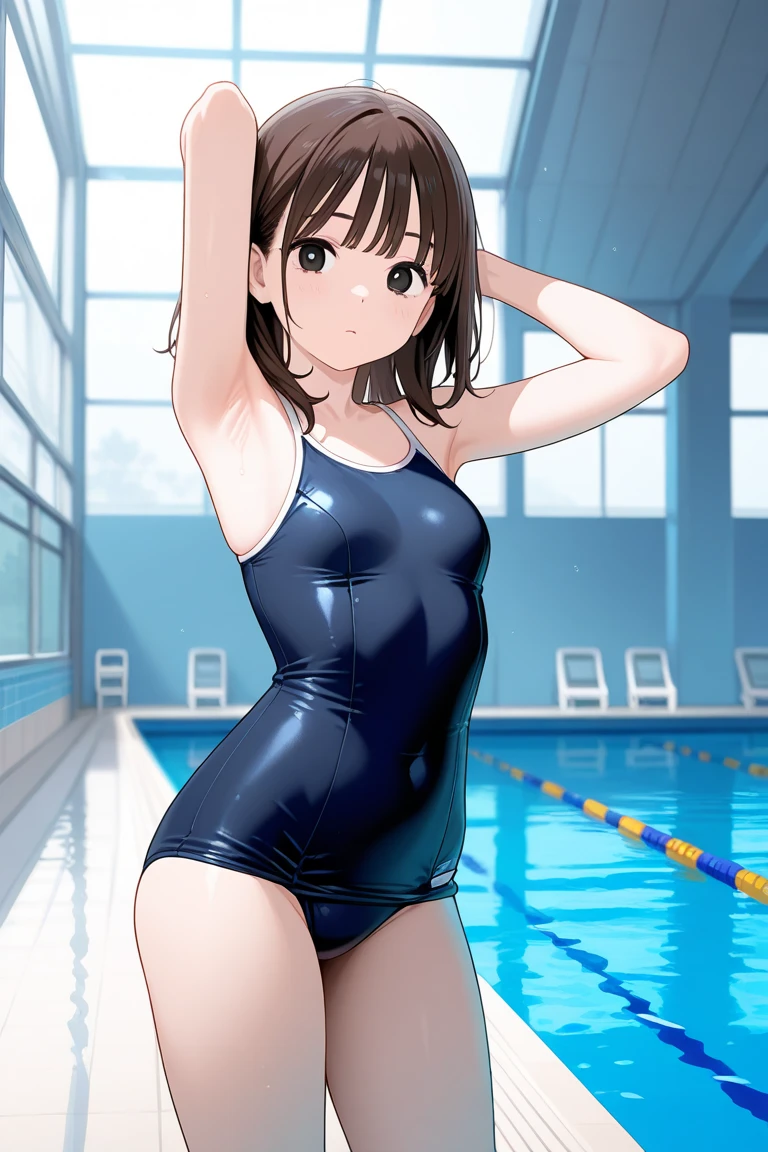 best quality, very aesthetic, Super detailed, best illustration, 1girl, おっぱい, black_hair, one-piece swimsuit, nsfw, pussy focus, aroused