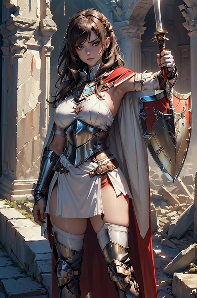 (1 mature muscular female paladin,gorgeous paladin armor,arm guard,leg guard,cecklace,silver hair,25yo), large breasts,cleavage,erected nipples,perfect hands, perfect finger,perfect anatomy, masterpiece, best quality,realistic, hyperrealistic, 16k hdr,(fantasy world,medieval,,outdoor,colosseum background:1.3),(red blush,angry),(dynamic fighting pose,hand up:1.2),dynamic angle,navel,from below,(oda non:1.5),(holding sword,ready sword,shield:1.2),sweat