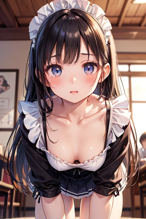 high quality, detailed, 1girl, loli, infant, 10 years old, flat breast, fullnude, naked, uncensored, maid, black hair, long hair, deep purple eyes, half open mouth, ashamed, blush, hands behind, standing, in cafe,