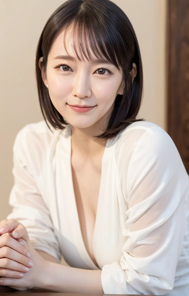 (8K、top-quality、​masterpiece:1.2)、(reallistic、Photorealsitic:1.2)（ultra-detailliert、hight resolution）(Slouched:1.3)、crouching down、(From  above:1.2)、(a closeup:1.4)、（Cut and sewn with loose chest area）Black Business Suit、Office Lady、Smirk,Alafed Girl, chiho, iwakura lain, closeup Iwakura Lain, With short hair, Shiori Teshirogi, Kotegawa Yui, hime-cut, She is 30 years old, sui ishida with black hair, lain iwakura, Beautiful woman - well-groomed face, Clear pubic contours,(Small breasts), hight resolution, ighly detailed, top-quality, [​masterpiece:1.6],, ighly detailed, nffsw, finely detail, top-quality, , Cinematographic lighting, 1womanl、Cute Japan Woman、perfect body type、, cute droopy eyes beautiful big eyes、Transcendent beauty　top-quality、​masterpiece、majicMIX Real、(Raw photography:1.2)、(Photorealsitic:1.4)、s Office、　Negative Prompt