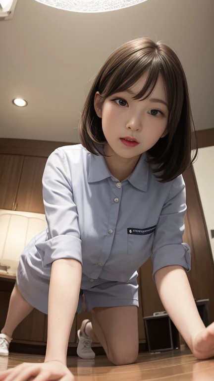 Highest quality, masterpiece, Ultra-high resolution, (reality: 1.4), Original photo, 1 female, mature, smile, short hair, Plump body, , Cinema Lighting, From below, nurse, BDMS, sunset, Cowboy Shot、High school girl after school, (Huge crotch bulge:1.3), Covered testicles, blush