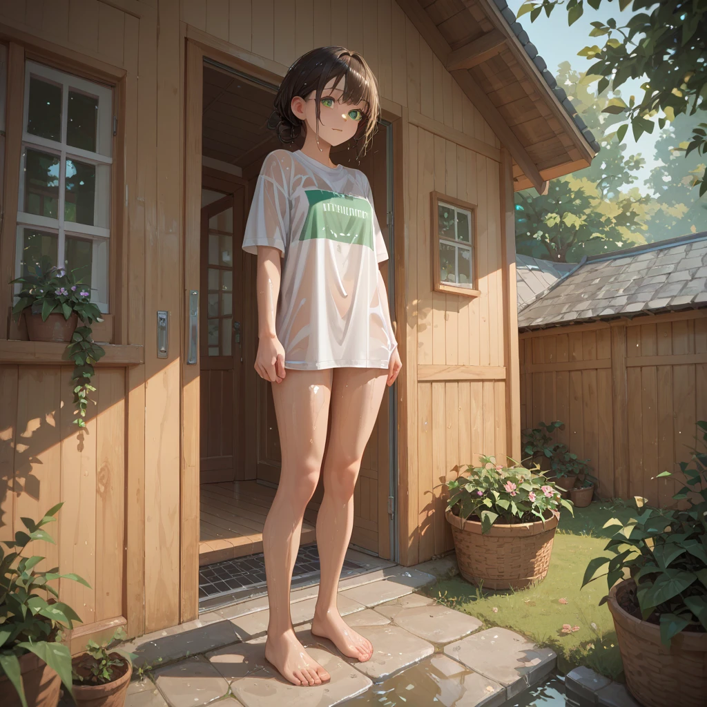 (1girl, solo, alone), (WakatsukiRisa, Sarada Uchiha, black hair, short hair, black eyes, red glasses), ((solo, (1woman, pink lipstick, (small breasts), black eyes), Extremely detailed, ambient soft lighting, 4k, perfect eyes, a perfect face, perfect lighting, a 1girl)), ((fitness, shapely body, athletic body, toned body), (((yellow tank top, (yellow mini top, revealing wet tank top, hanging out of braless top, beautiful high detailed dreamgarden, nsfw 8K), women's tank top, wet yellow tank), ((barefoot)), transparent, transparency, mini shorts, jean shorts, navel out, abdomen showing, wet body, wooden house, classic Japanese house, old Japanese house , balcony, garden, flowers, walking in the hallway))