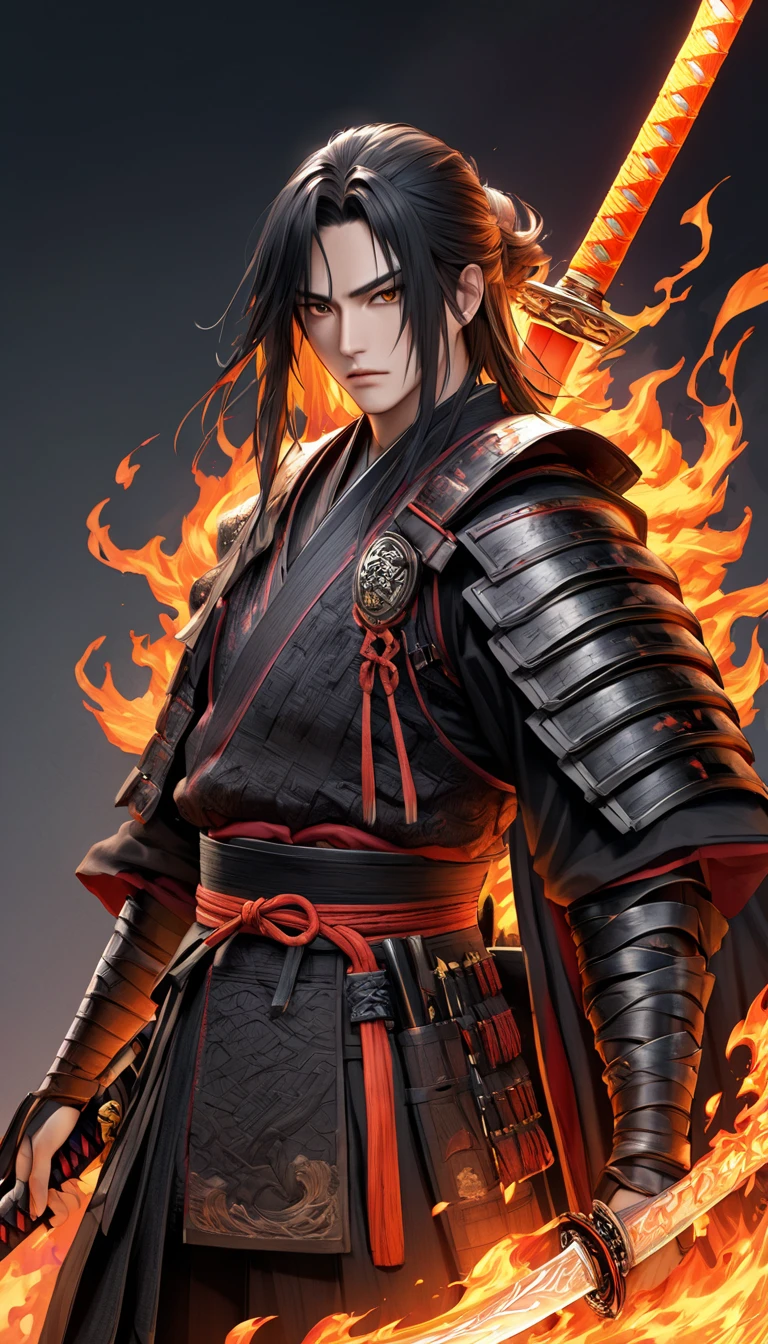 anime character with black hair with orange fire style and gray outfit holding a sword, Blind of the left eye,thancred waters in wlop style, anime badass 8 k, cute guy in demon slayer art, g liulian art style, fighting game character, onmyoji portrait, onmyoji detailed art, onmyoji, zhongli of genshin impact.