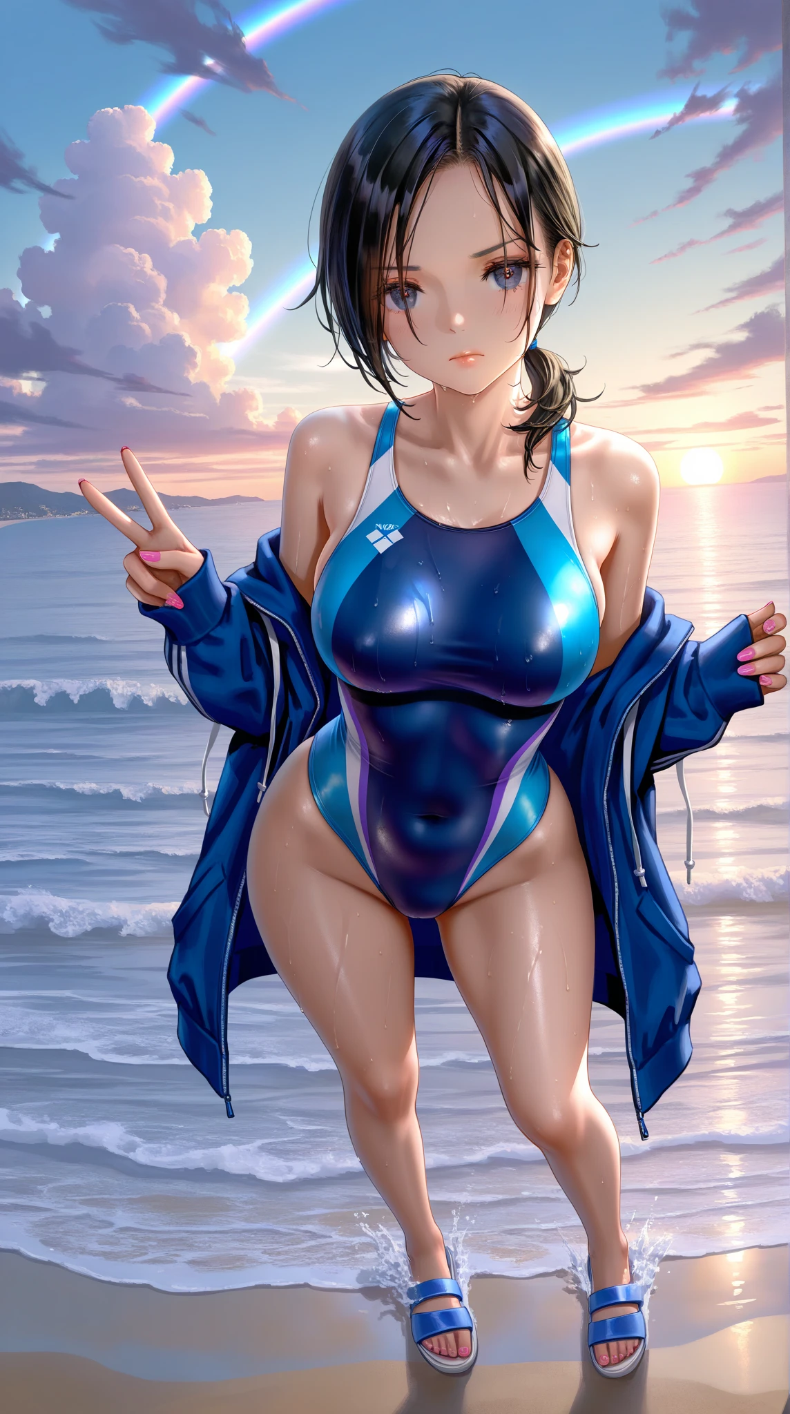 (masterpiece,Highest quality,超A high resolution),Japanese women, (((A very beautiful 25 year old))), cute、Look at the photographer、 , とってもcute顔, Glossy lips, Double eyelids on both eyes,Natural smile、 Natural Makeup, Long eyelashes, Shiny and smooth hair、Center image, Perfect limbs, Perfect Anatomy,((Sexy competitive swimsuit)))、,(Wet),Ocean,Yunyun,teeth,Open your mouth,Medium breast