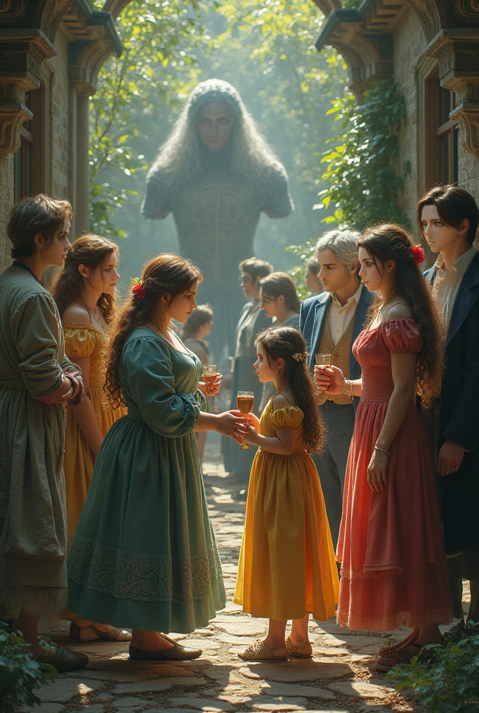 a woman in a white dress standing next to a statue, trakovsky greatest scene, the most beautiful scene, beautiful scene, highlight scene of the movie, youtube thumbnail, gregoire and manon, scene from a 1 9 7 3 film, trailer, movie scene, william shakespeare crying, doves : : rococo, romance fantasy movie, from a movie scene