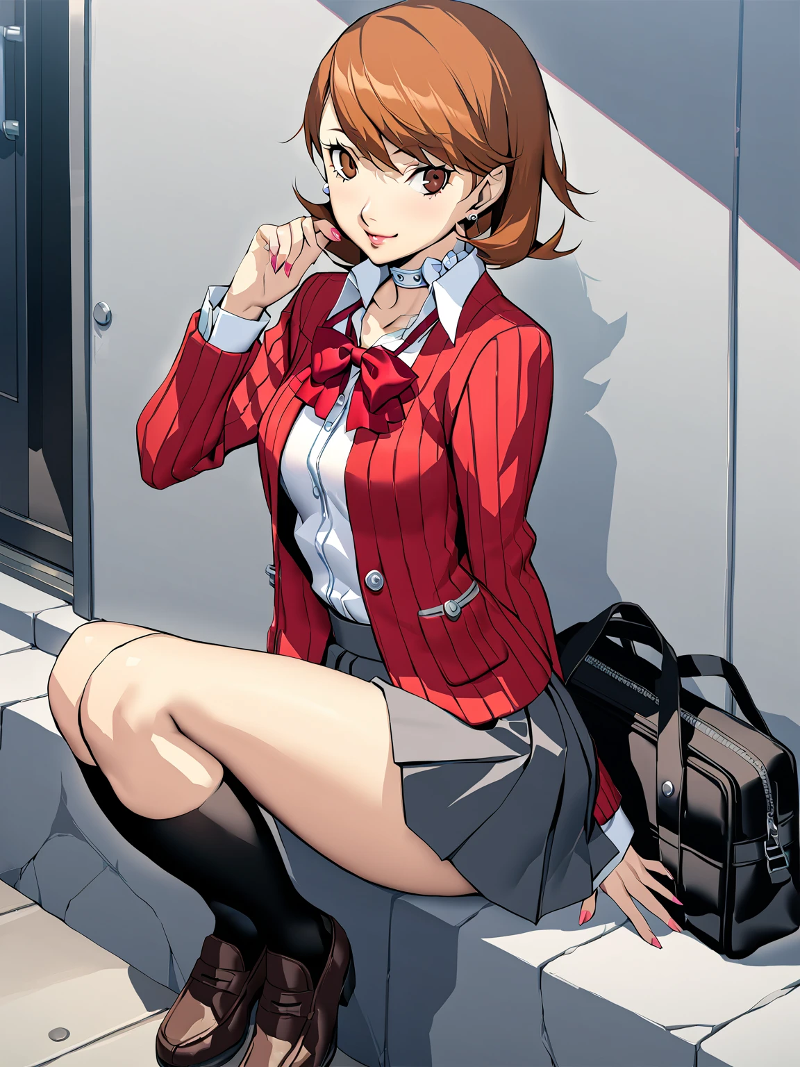 1girl, takeba yukari, solo, brown hair, skirt, school uniform, brown eyes, socks, kneehighs, short hair, choker, cardigan, gekkoukan high school uniform, smile, bag, black socks, bow, ribbon, loafers, looking at viewer, earrings, school bag, masterpiece, best quality