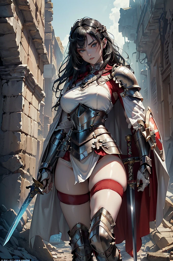 (masterpiece, top quality, best quality, official art, beautiful and aesthetic:1.2), (1girl:1.3), ((Sharp facial features, sharp features, hawkish features)), ((big hair, long black hair, ponytail)), big tiddy chaos warrior girl, extremely detailed, portrait, looking at viewer, solo, (full body:0.6), detailed background, full-body shot, (hot desert mountain theme:1.1), chaos warrior, (spiky helmet), charlatan, smirk, mysterious, swaying in mountains, armor, red metal, brass trim, long boots, dual axes, blood red fabric, pelvic curtain, loincloth, black leather, ((((heavy armor, blood, armored, gigantic breasts, long legs, pelvic curtain, toned, muscular)))), cute belly button, toned tummy, slim waist, slim hips, long legs, medieval (mountain exterior:1.1) background, dark mysterious lighting, shadows, magical atmosphere, dutch angle