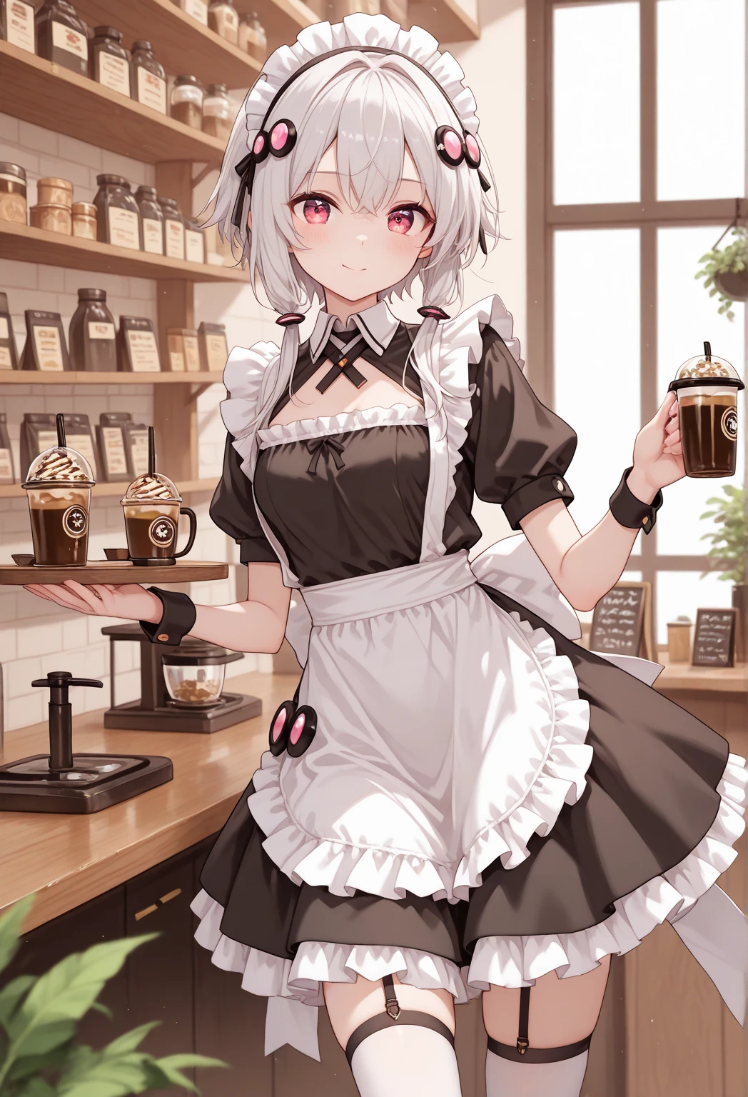 Silver Hair、Red Eye、Fox ears、girl、Small breasts、ponytail、girl、Small breasts、Lolita、Bright smile、Looks about 15 years old、Petan Musume、Short、目のhighlight、Sexy thighs、Wearing maid uniform、Have a coffee、Your eyes are so beautiful、highlight
