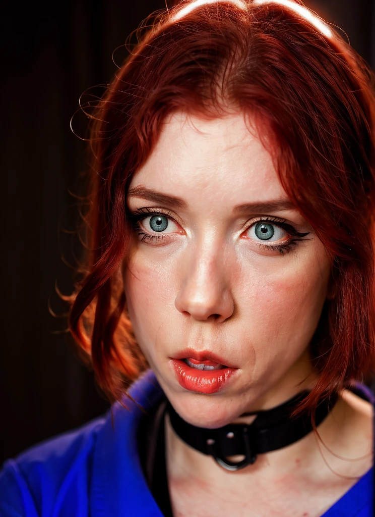 Good South-American Black Widow, DayGlo orange and dark orange hair, Phenomenal Dutch braid hairstyle, near Clinic, soft focus, Arte Povera, natural lighting, Fish-eye Lens, deep purple and Bronze hue, (art by Yoh Nagao:0.9), a look of terror scared horrified