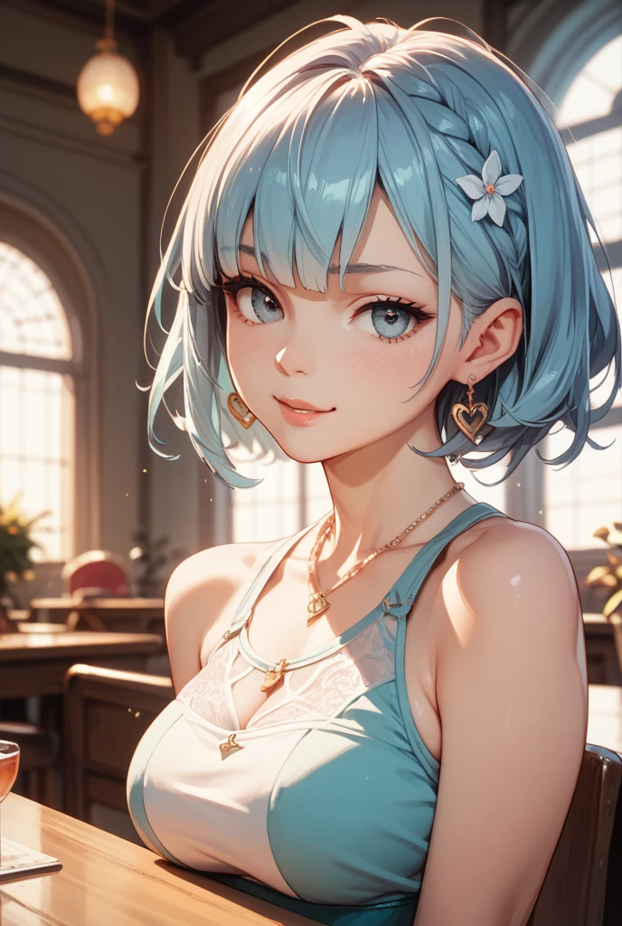 1girl,a beautiful fashion model ,(masterpiece, detailed background, best quality),short and shiny hair, blue green hair, hair with highlights, bangs, smirk,juicy lips,red lips, calmart, lingerie, stripping, elegant makeup, blue eyes, full body shot, (shiny skin), cyberpunk, sci fi, boa, extravagant jewelry, cocky expression, covered in jewelry, fancy, white dress, ((hand covering mouth, smug, discrete laughter)),
