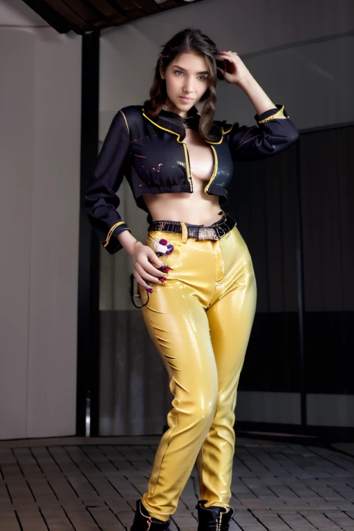 best quality, masterpiece, studio illustration, pale skin, black hair, dark eyes, yellow leather jacket, white cotton shirt, covered huge breasts, yellow leather pants, looking up, fullbody perspective, hair strand,Fair skin, pony tail, posing in a white background