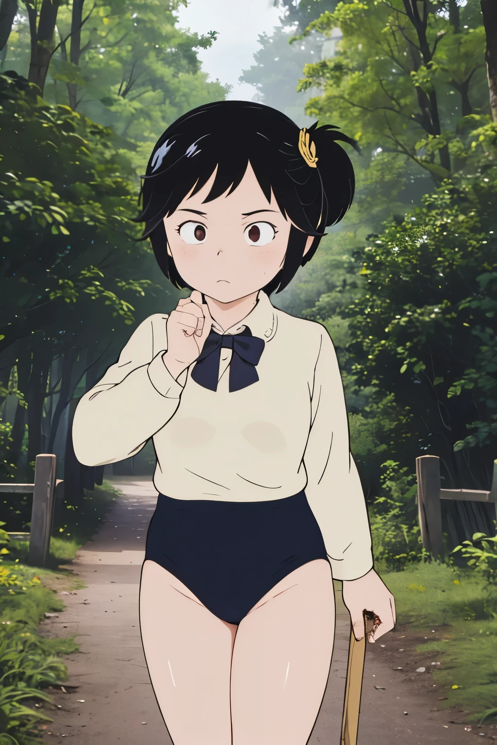 (masterpiece, highest quality), 1 girl, beautiful face, beautiful body, wearing a Black gymnastics bloomers, High leg、white blouse, cowboy shot、Are standing、full body portrait、alone, complex details, enlarged textures, complex details, finely detailed eyes and detailed face, intricate details, (closed mouth), perfect eyes, equal eyes, perfect body, extremely detailed, (), extremely realistic 3d,In a dark forest、have to pee,peeing myself,hand between legs,