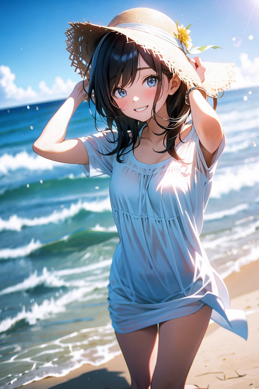 in 8K、top-quality、masterpiece、ultra-detailliert、Ultra-high resolution、Anime style、1人の女性、Mid summer、White sandy beach、the beach、white tank tops、a straw fedora hat