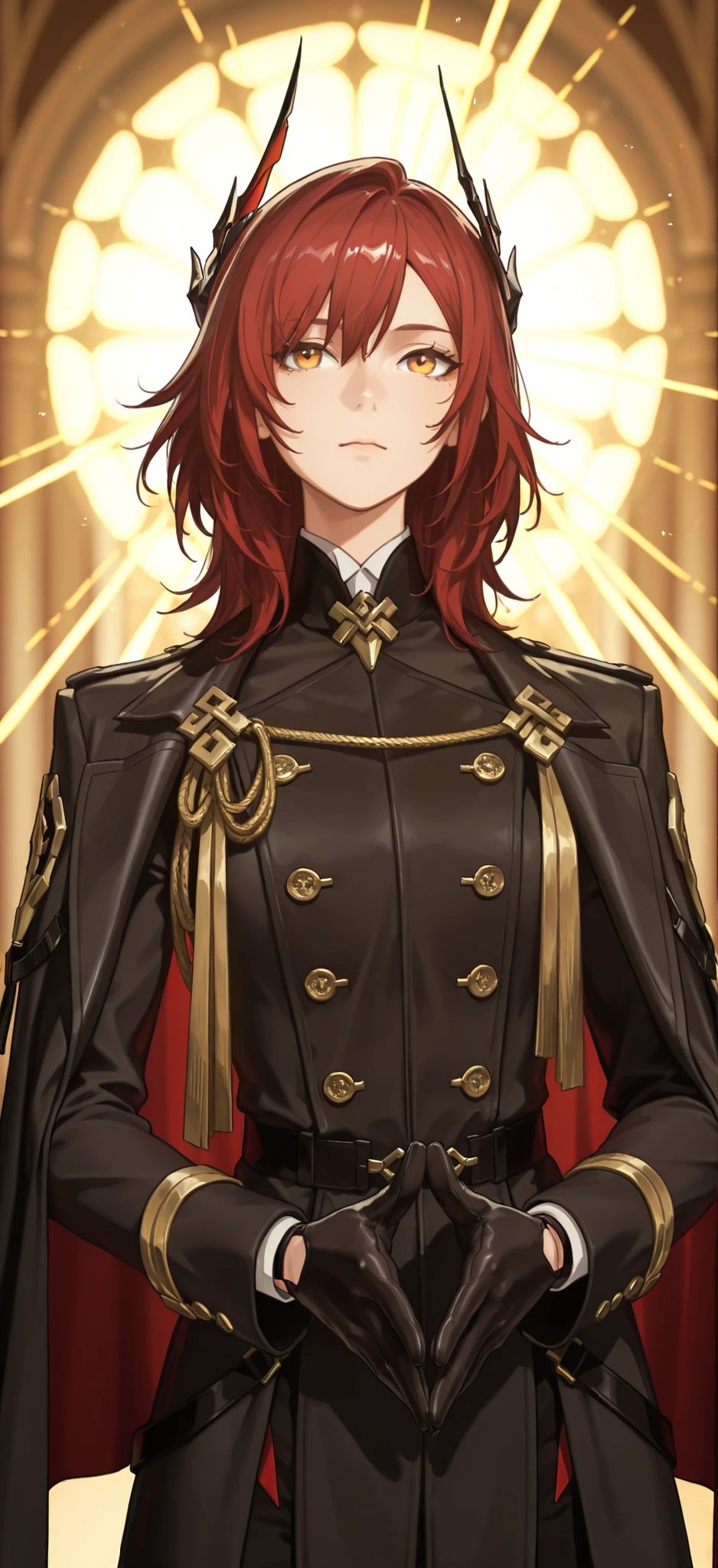 style of [arknights|(748cmstyle:0.88)], god rays, cinematic shot, masterpiece, best quality, amazing quality, very aesthetic, high resolution, ultra-detailed, absurdres, (hands:-0.15), (1girl, mature woman, female:0.95), solo, alone,(dynamic pose, upper body focus, dutch angle, three quarter view, face focus, cowboy shot:1.2), (side shot:0.66), flat chest,Curran, red hair, medium hair, servant, head maid, butler, hussar clothes, cossack clothes, shoulder cape, skirk_black, hair ornament, trenchcoat, overcoat, shoulder ornament, hands together, novuschroma79 style, glitch art photo
BREAK, depth of field, volumetric lighting
 